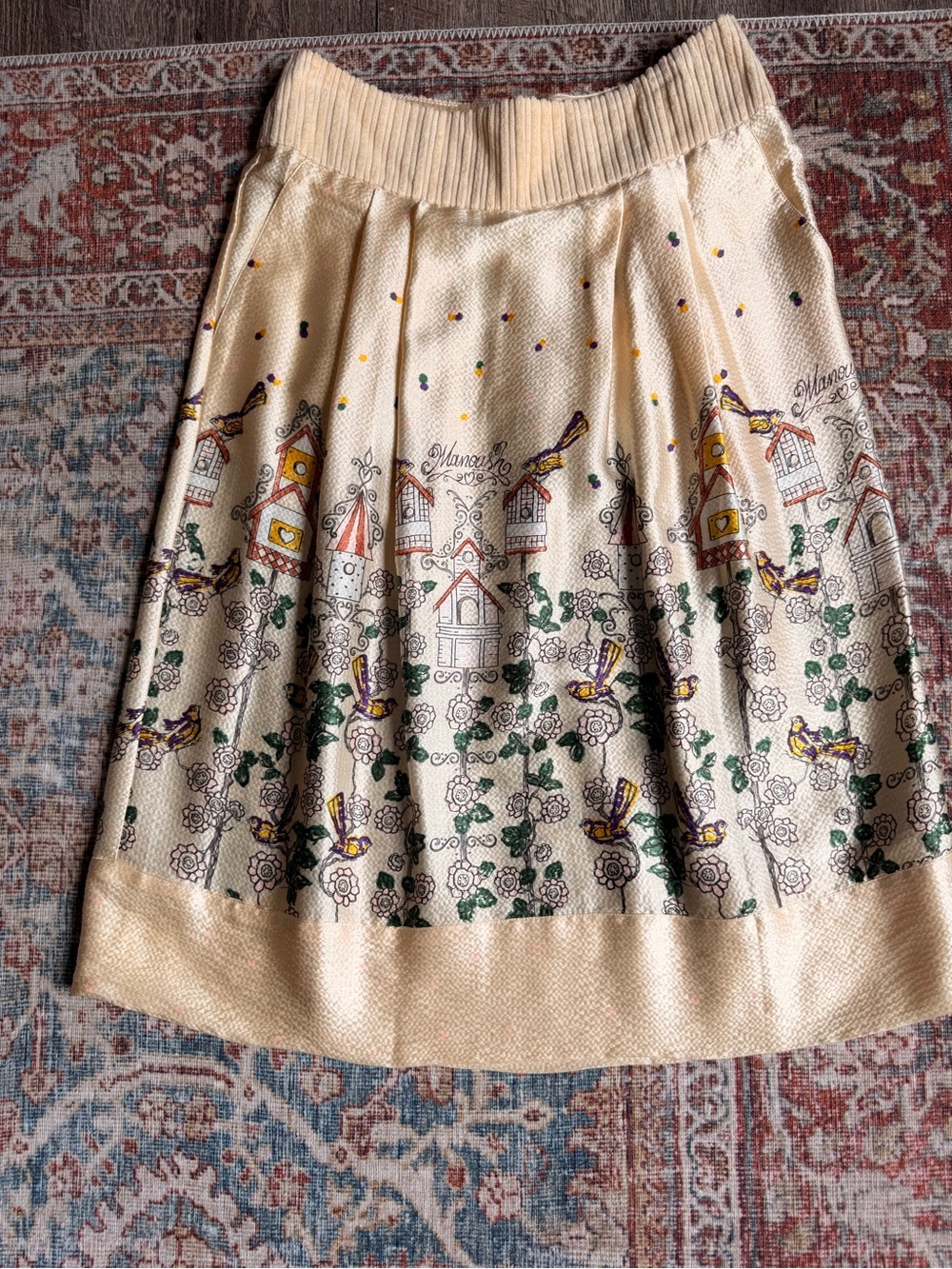 Rare Vintage MANOUSH 100% Silk Bird House Midi Skirt Cottagecore Whimsical Sz6